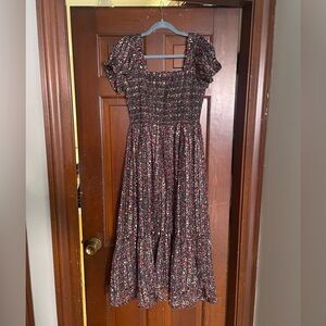 Floral Midi Dress - Puff sleeves, smocked bodice with ruffle trim